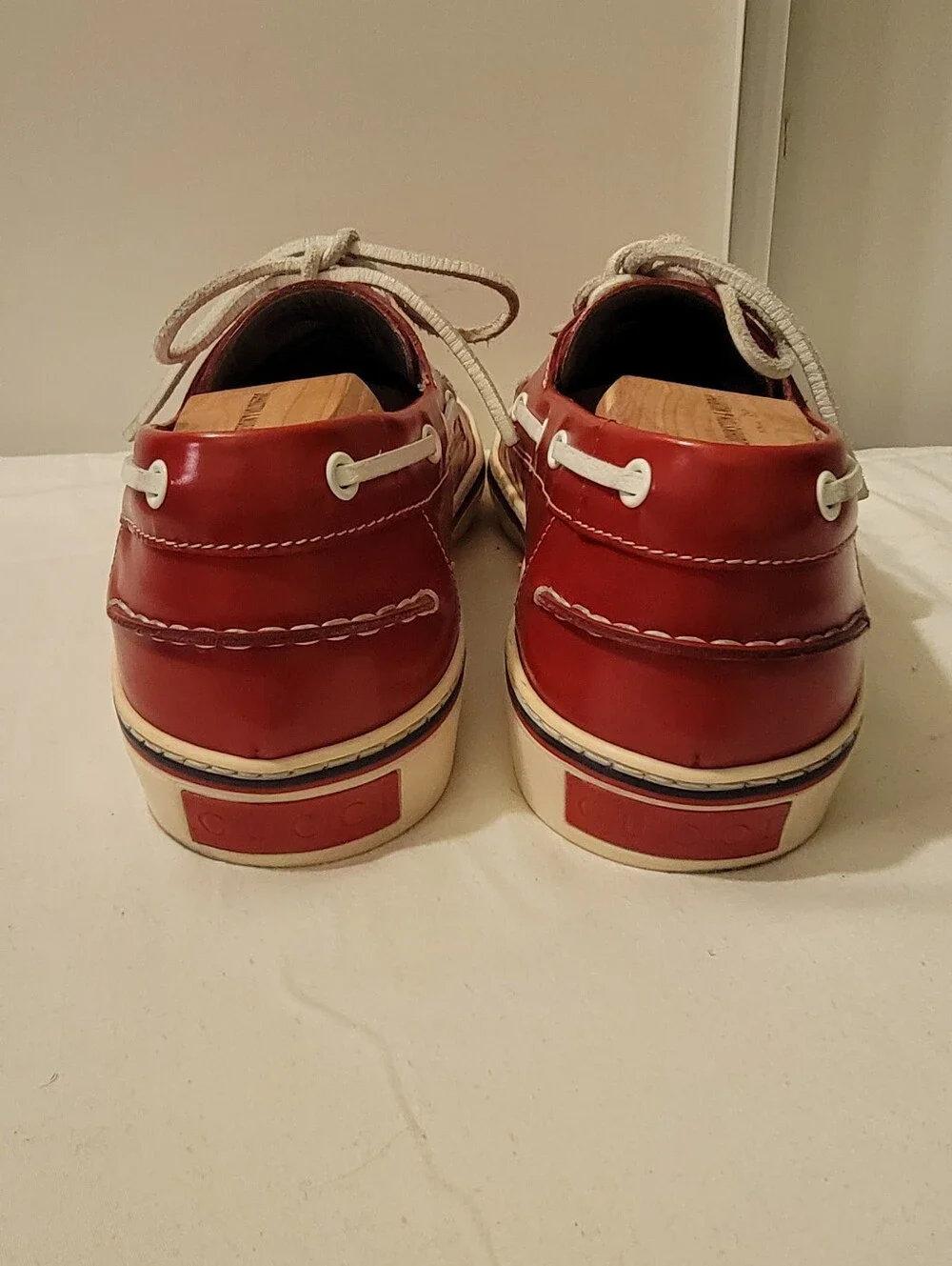 Gucci Red Leather Men's Boat Shoes with Cream and Navy Trim